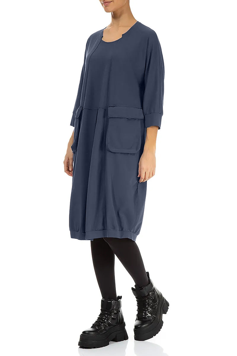 Large Pockets Slate Blue Cotton Dress 3