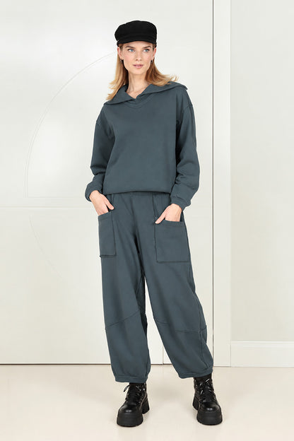 Large Pockets Slate French Terry Cotton Trousers