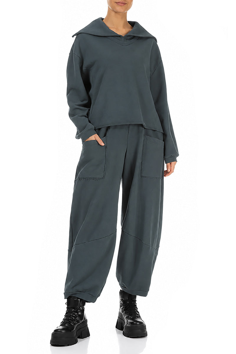 Large Pockets Slate French Terry Cotton Trousers