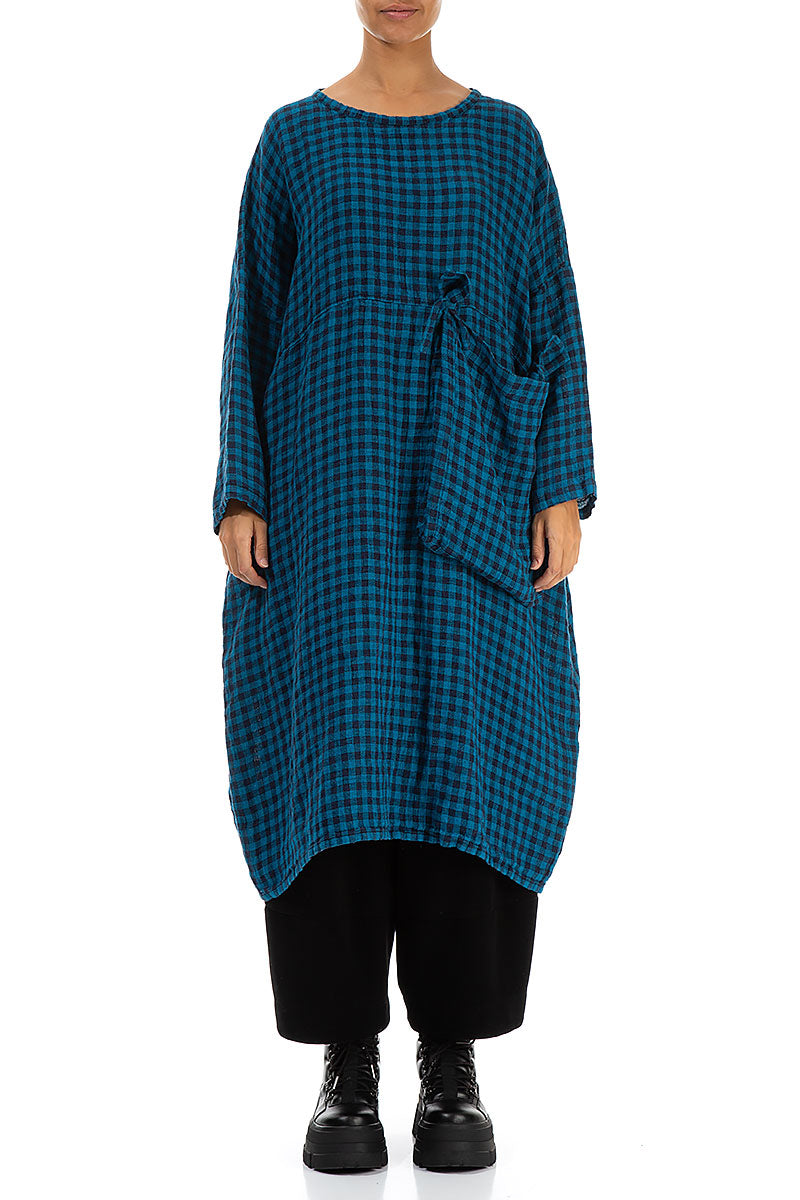 Large Side Pocket Blue Check Linen Dress