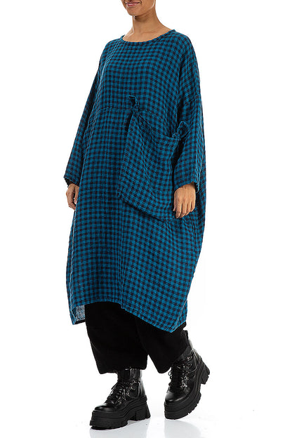 Large Side Pocket Blue Check Linen Dress