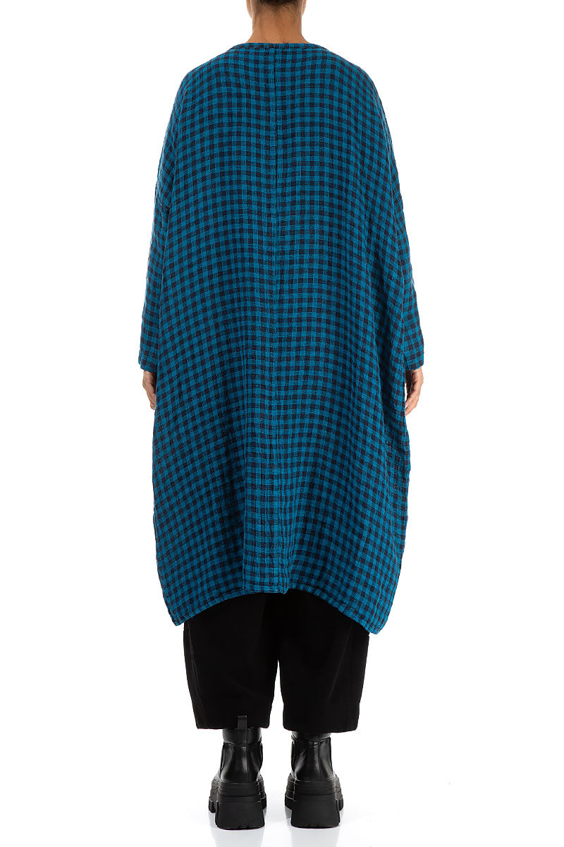 Large Side Pocket Blue Check Linen Dress