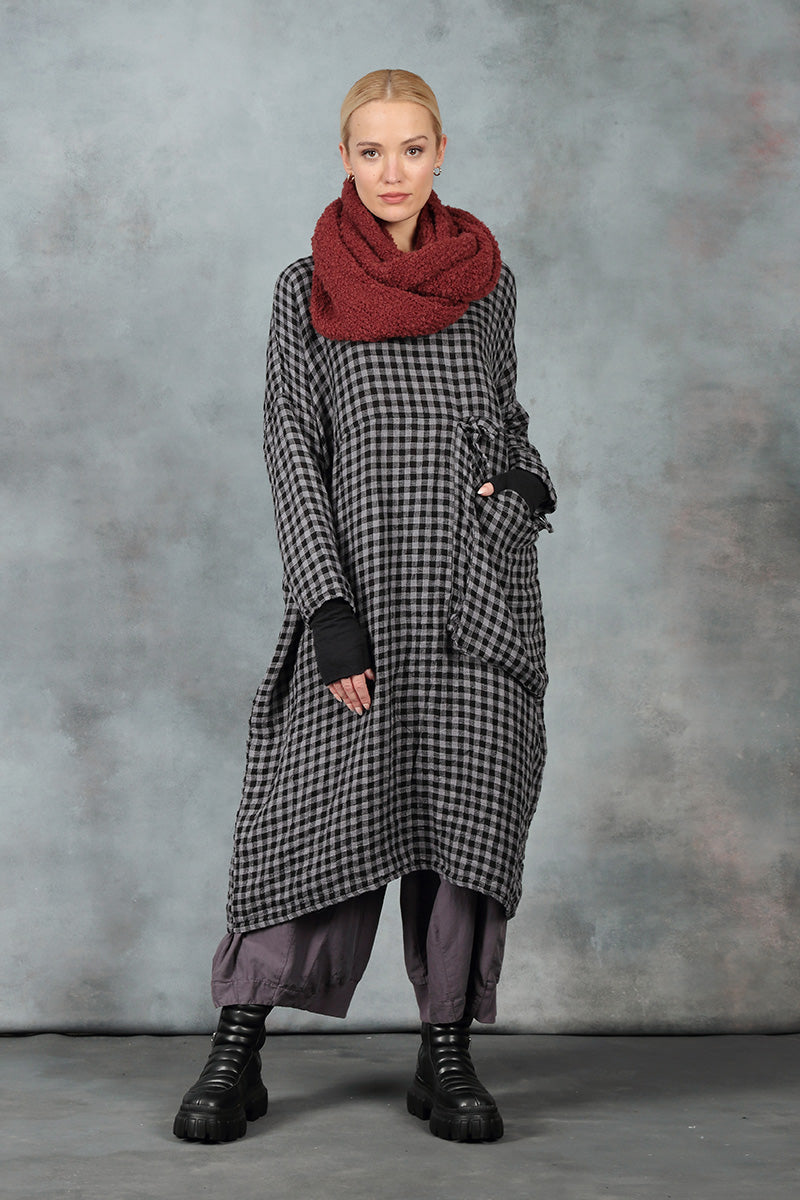 Large Side Pocket Grey Check Linen Dress