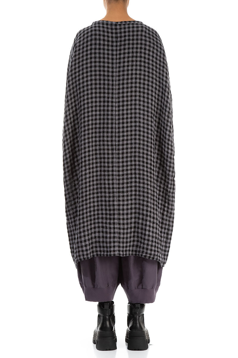 Large Side Pocket Grey Check Linen Dress