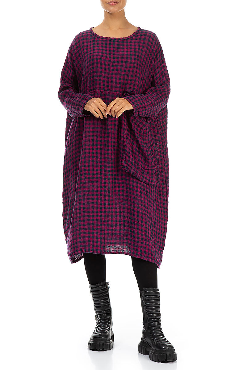 Large Side Pocket Magenta Check Linen Dress