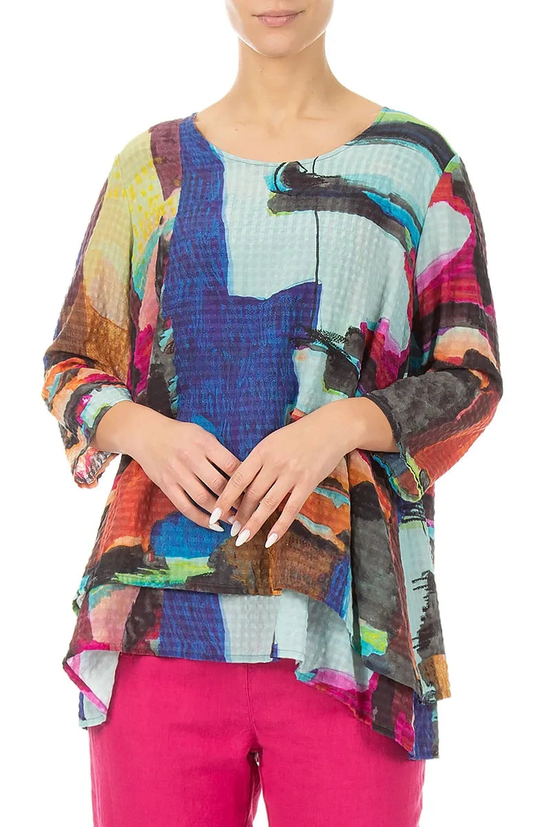 Layered 3/4 Sleeves Abstract Textured Silk Blouse 3