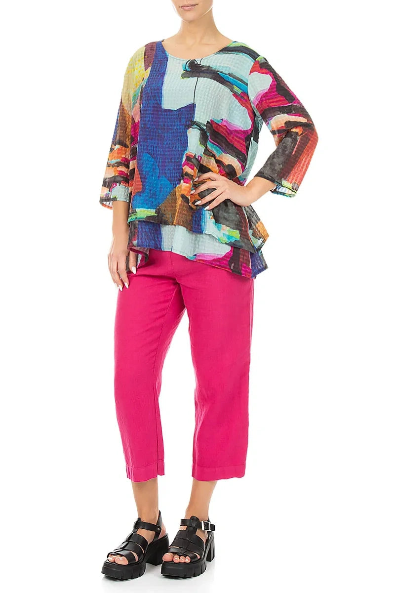 Layered 3/4 Sleeves Abstract Textured Silk Blouse 4