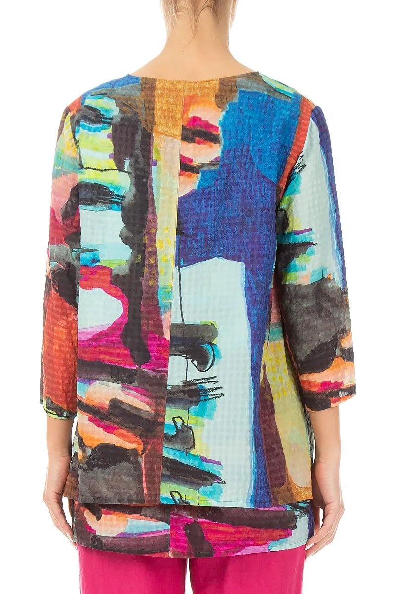 Layered 3/4 Sleeves Abstract Textured Silk Blouse 2