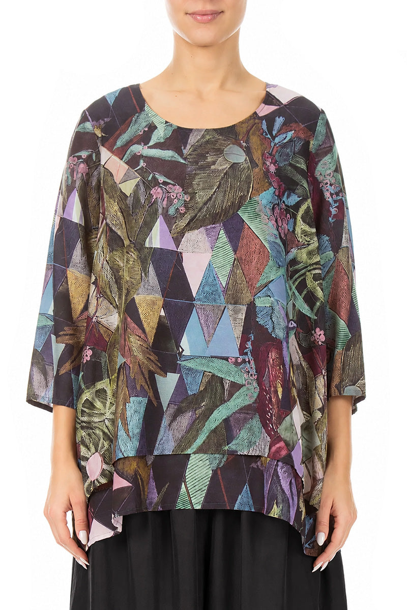 Layered 3/4 Sleeves Art Mosaic Silk Bamboo Blouse 1