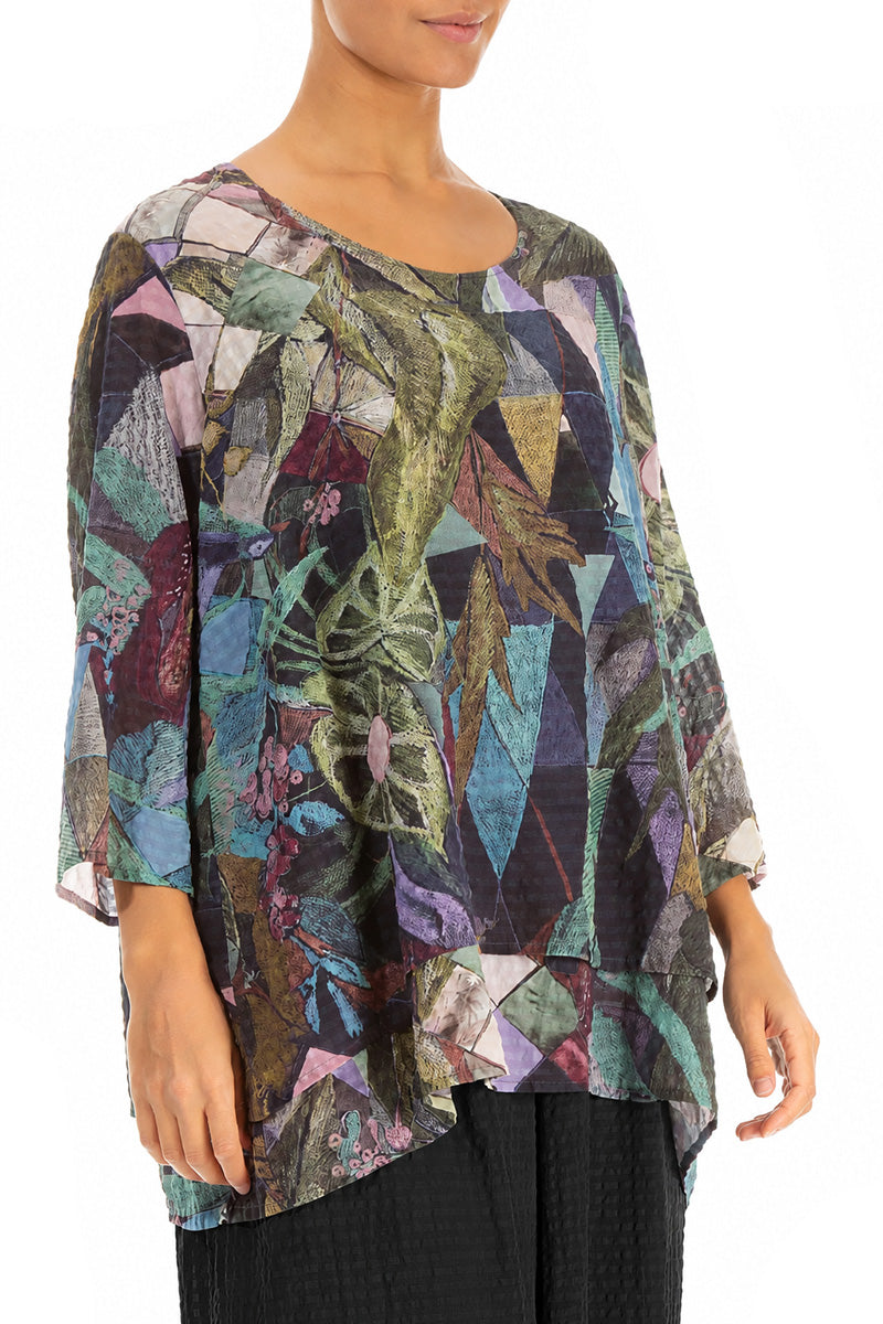 Layered 3/4 Sleeves Art Mosaic Textured Silk Blouse 3