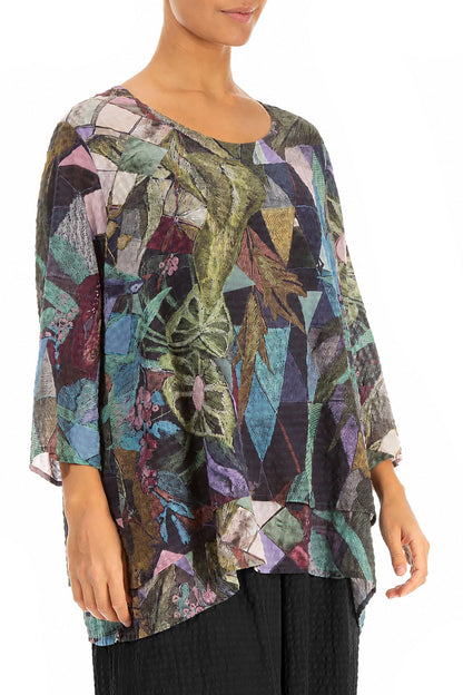 Layered 3/4 Sleeves Art Mosaic Textured Silk Blouse 3
