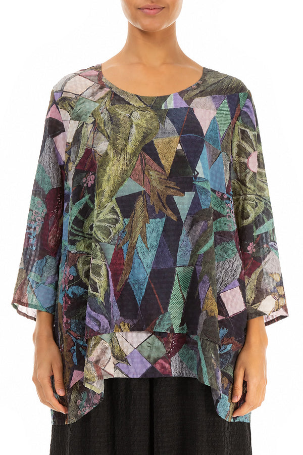 Layered 3/4 Sleeves Art Mosaic Textured Silk Blouse 1