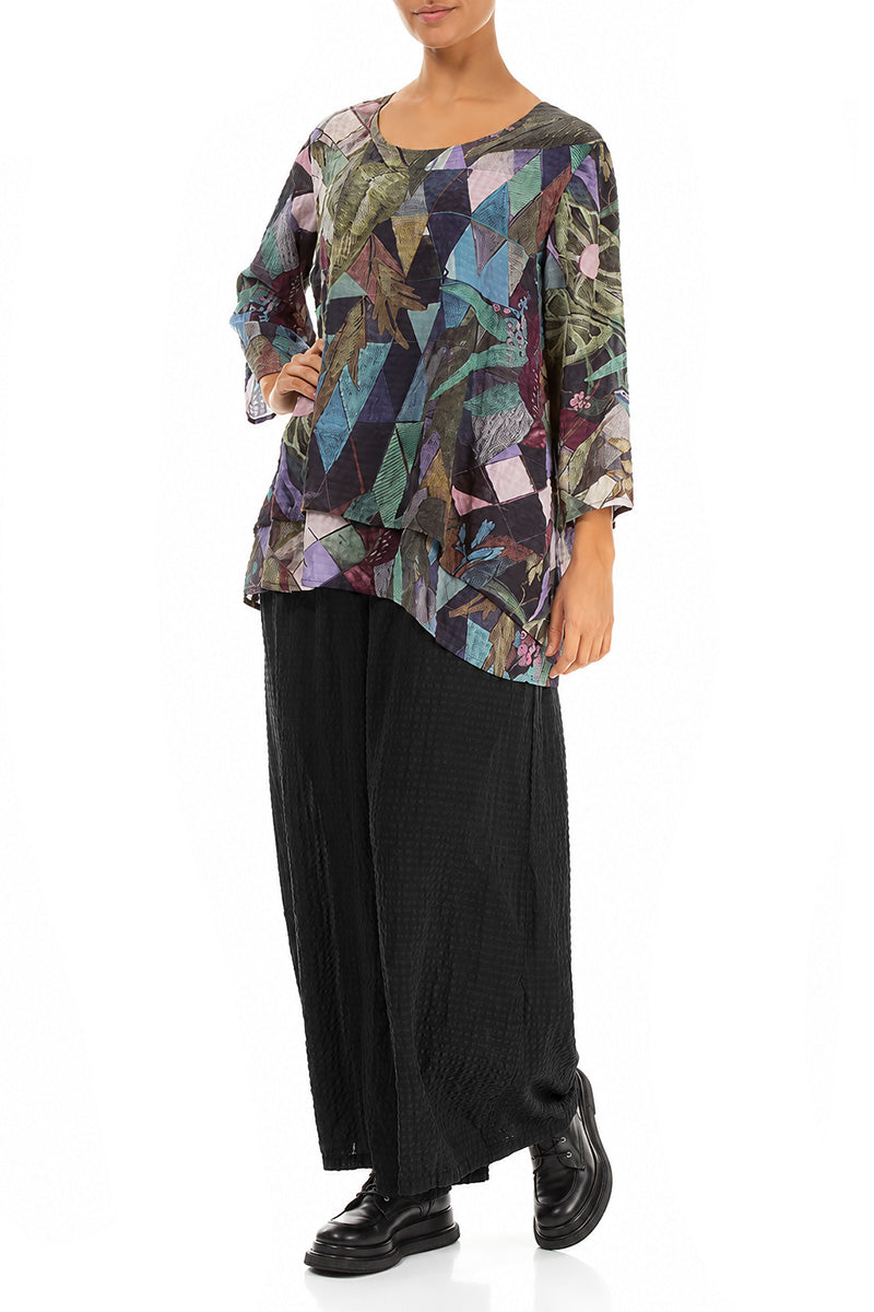 Layered 3/4 Sleeves Art Mosaic Textured Silk Blouse 4