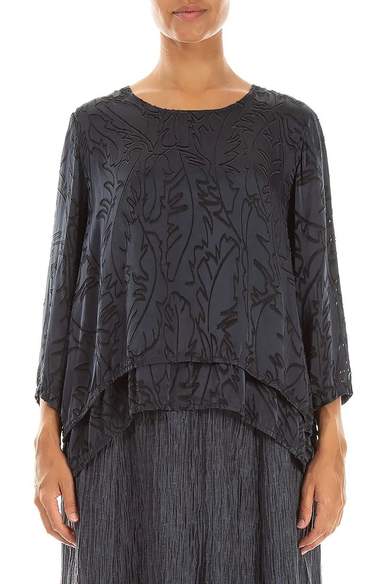 Layered Slate Devoré Feather Silk Blouse