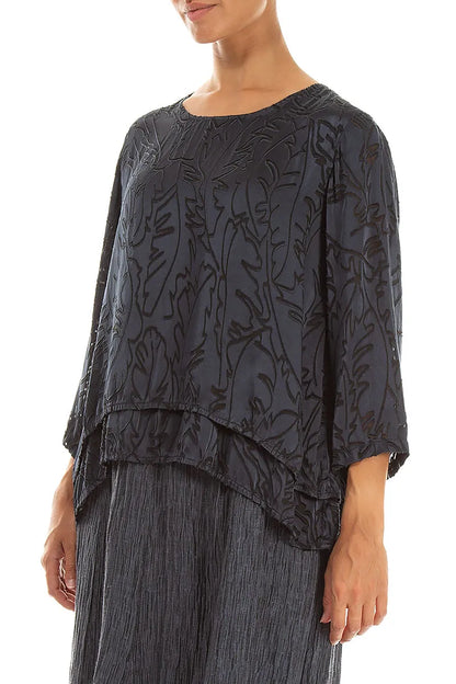 Layered Slate Devoré Feather Silk Blouse