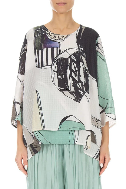 Layered 3/4 Sleeves Tumbled Stone Textured Silk Blouse 1