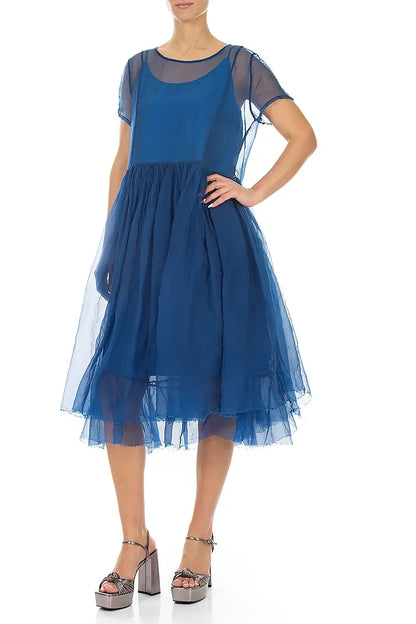 Layered Cobalt Blue Silk Chiffon Dress 4