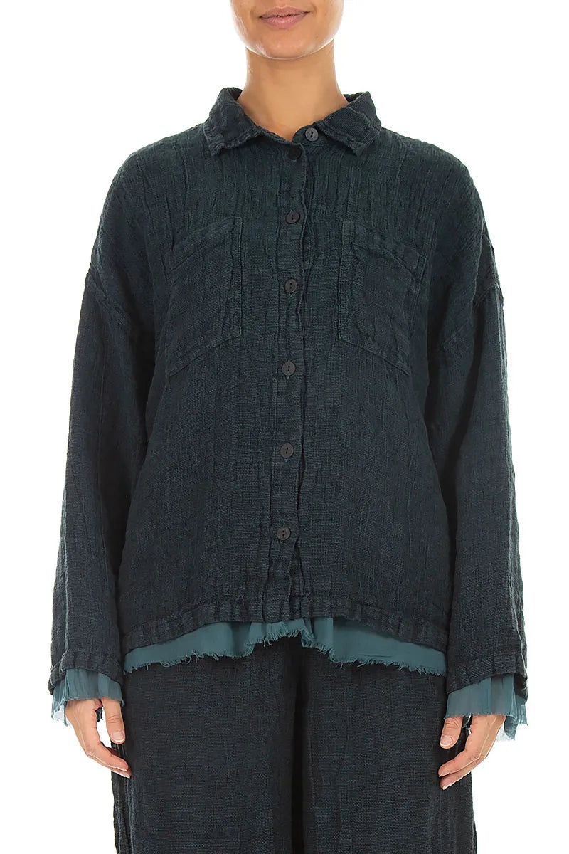 Layered Deep Truquoise Mélange Linen Shirt 1