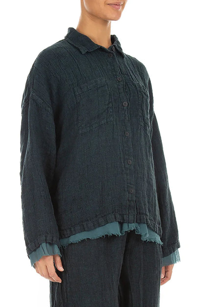 Layered Deep Truquoise Mélange Linen Shirt 3