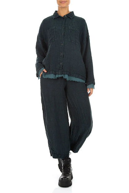 Layered Deep Truquoise Mélange Linen Shirt 4