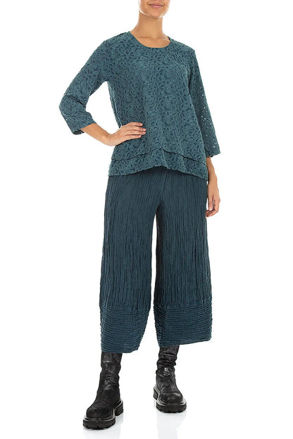 Layered Deep Turquoise Floral Texture Silk Blouse