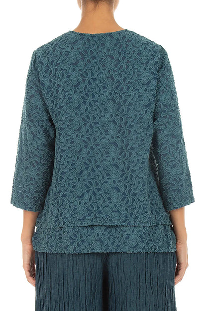 Layered Deep Turquoise Floral Texture Silk Blouse