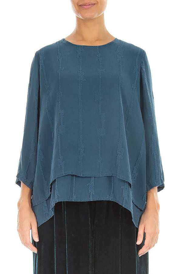 Layered Deep Turquoise Raised Textured Silk Blouse