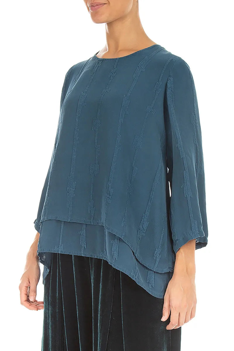 Layered Deep Turquoise Raised Textured Silk Blouse