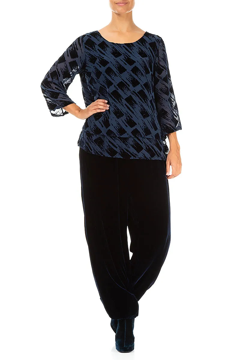 Layered Devoré Brush Royal Blue Silk Velvet Blouse
