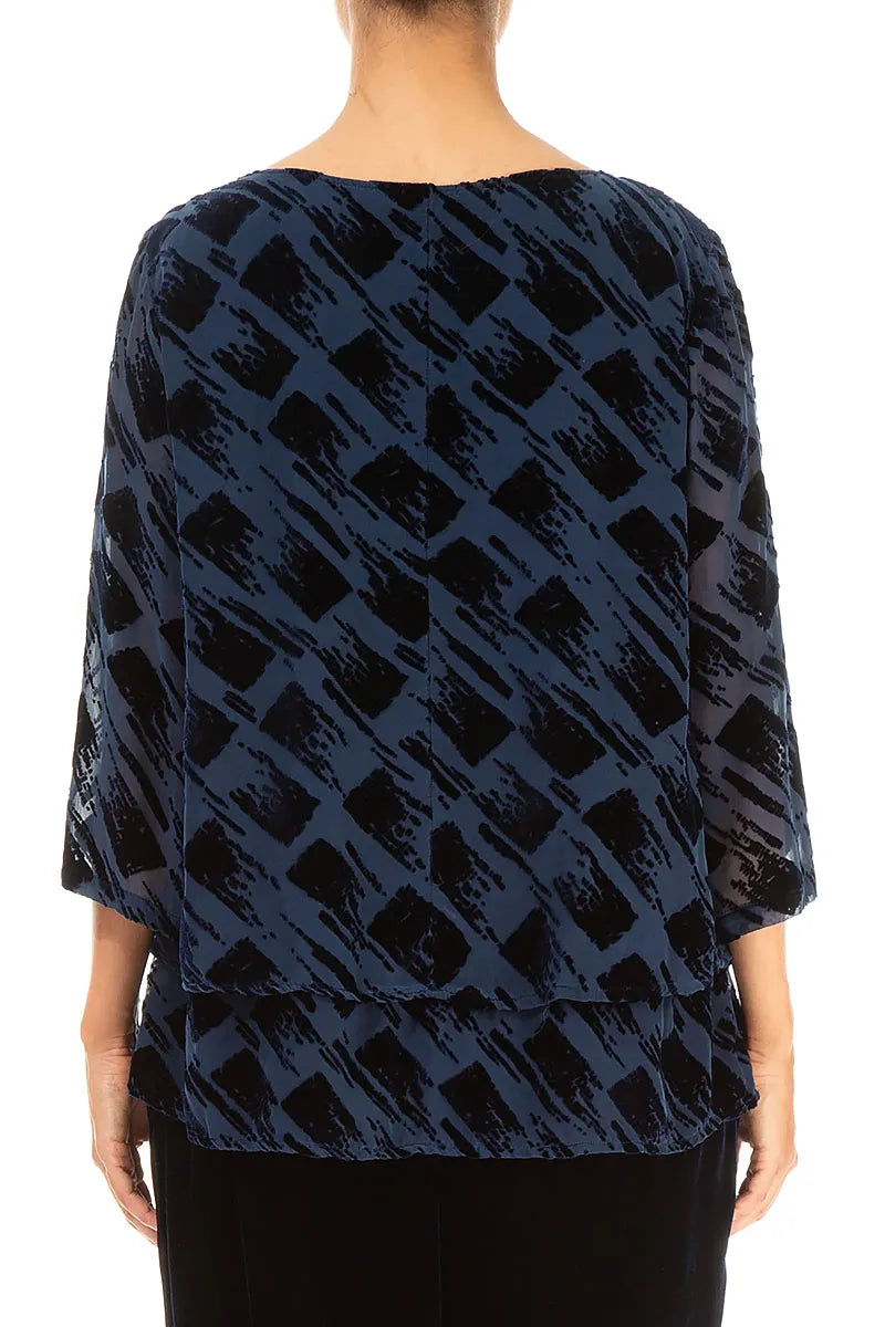 Layered Devoré Brush Royal Blue Silk Velvet Blouse