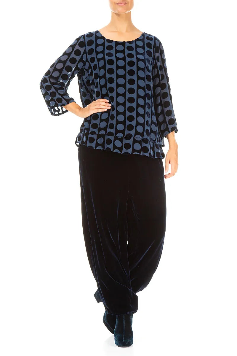 Layered Devoré Bubble Lines Royal Blue Silk Velvet Blouse 4