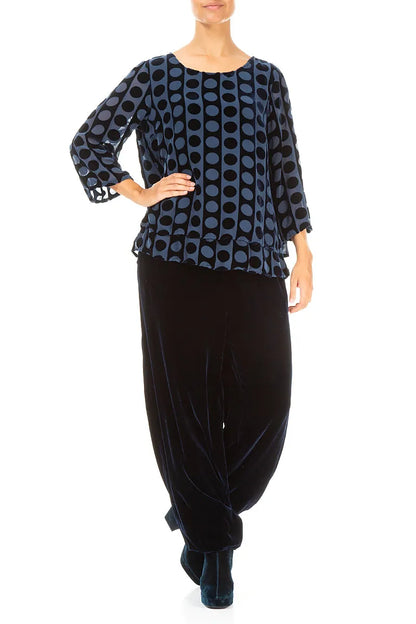 Layered Devoré Bubble Lines Royal Blue Silk Velvet Blouse 4