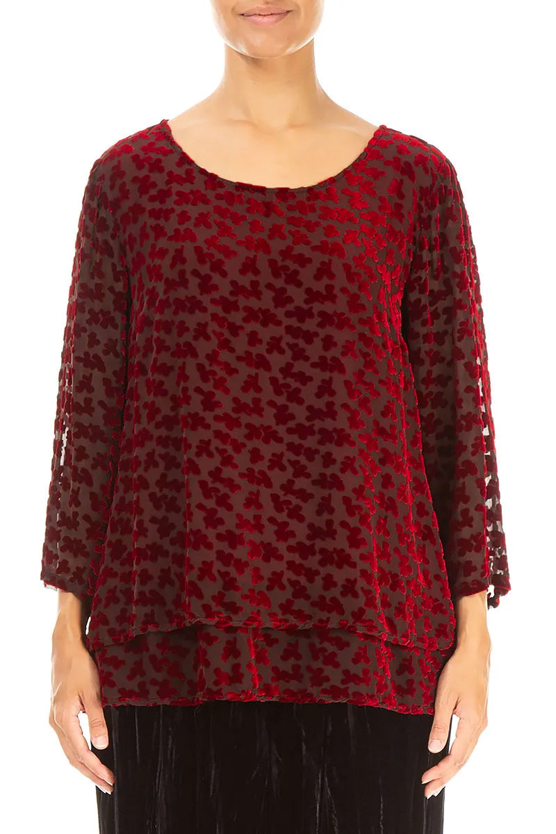 Layered Devoré Petals Cherry Red Silk Velvet Blouse