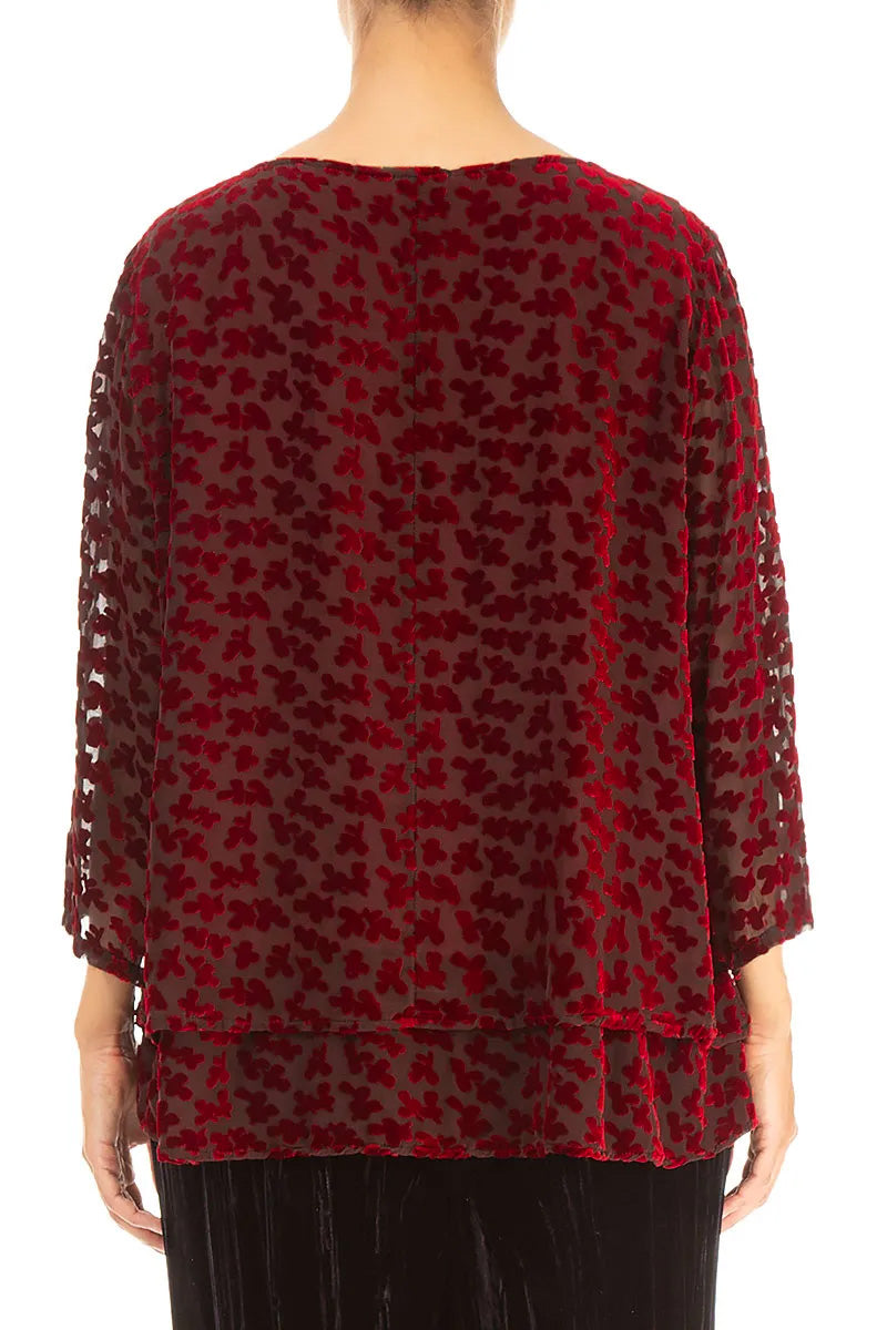 Layered Devoré Petals Cherry Red Silk Velvet Blouse