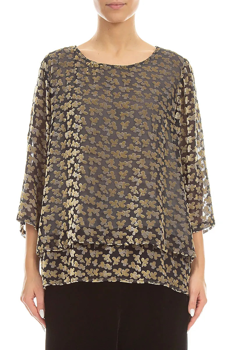 Layered Devoré Petals Gold Silk Velvet Blouse