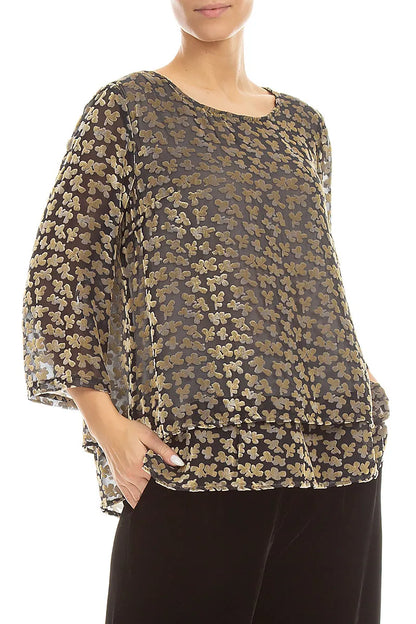 Chemisier en velours de soie doré à pétales dévorés superposés