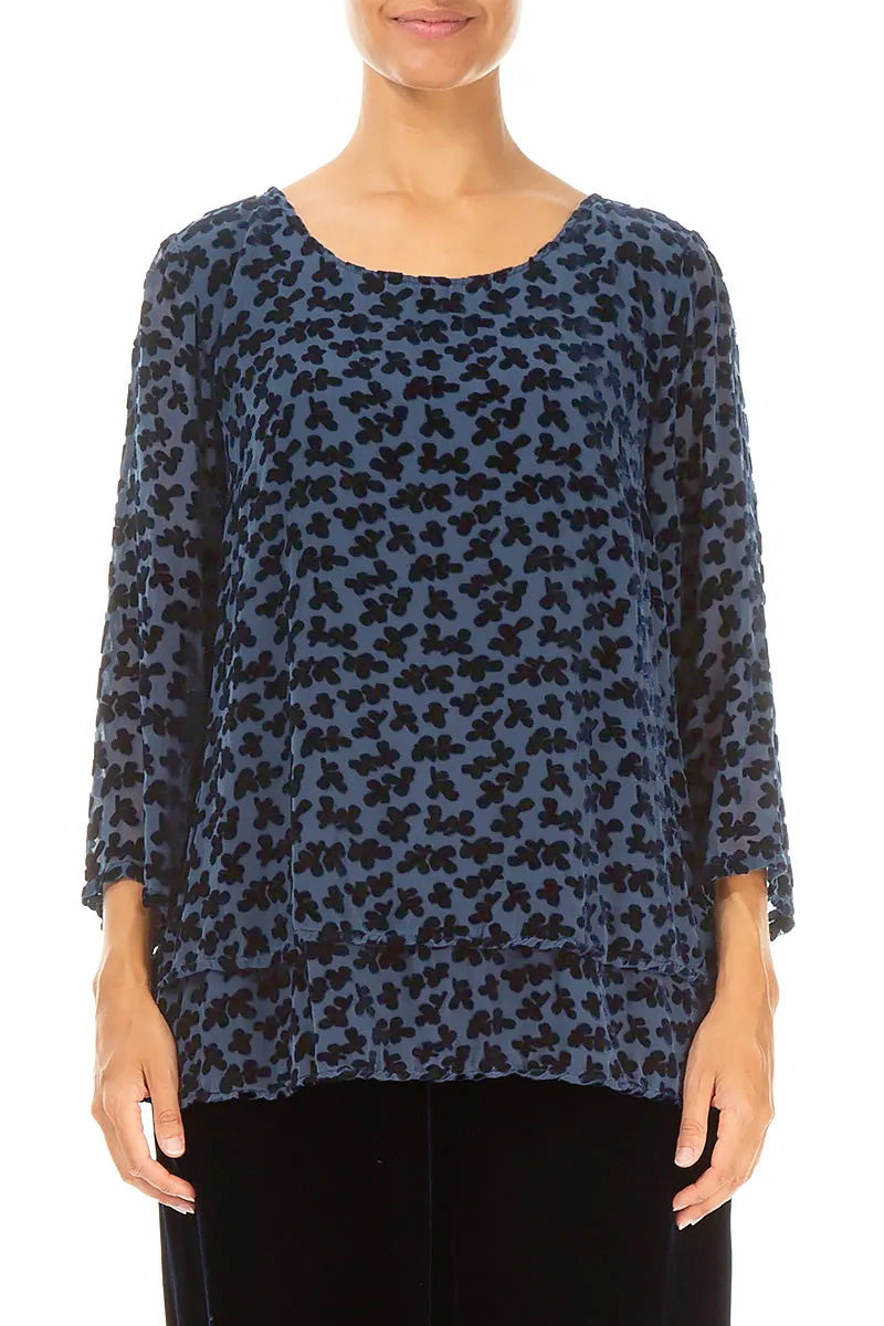 Layered Devoré Petals Royal Blue Silk Velvet Blouse