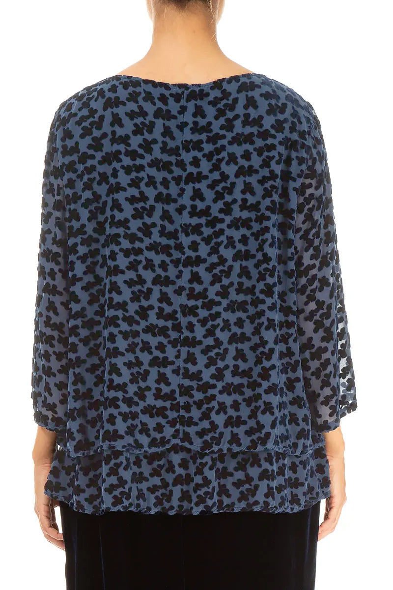 Layered Devoré Petals Royal Blue Silk Velvet Blouse