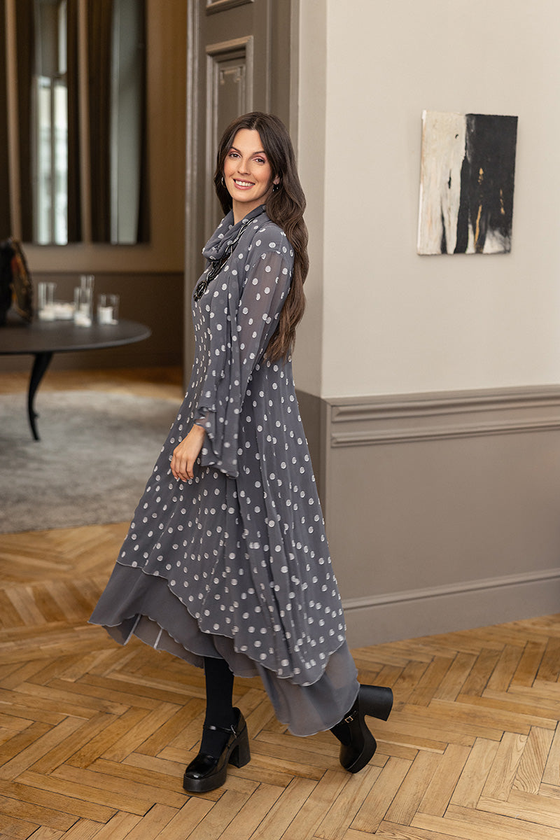 Layered Dotty Grey Silver Silk Dress 1