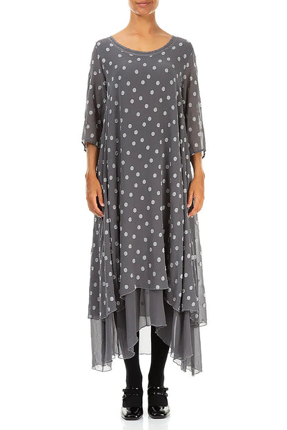 Layered Dotty Grey Silver Silk Dress 1