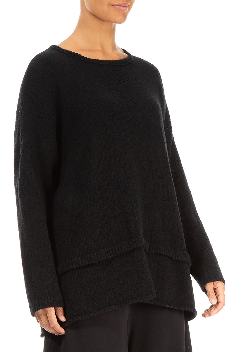 Layered Hem Black Wool Sweater