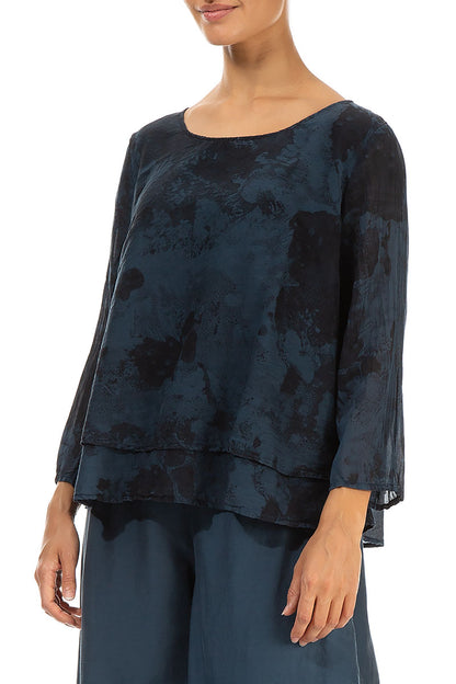 Layered Midnight Blue Marble Silk Cotton Blouse