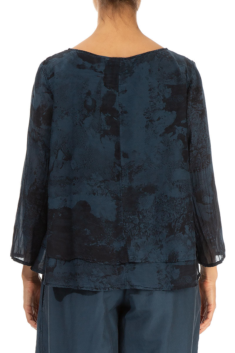 Layered Midnight Blue Marble Silk Cotton Blouse