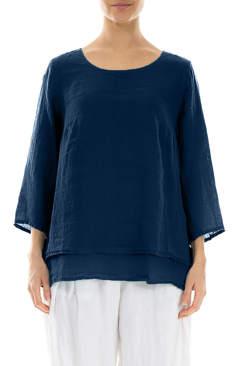 Layered Navy Gauze Linen Blouse 1
