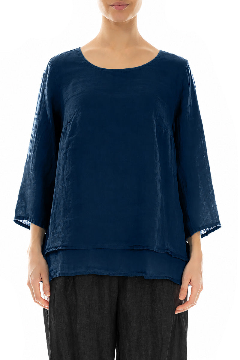 Layered Navy Gauze Linen Blouse 1