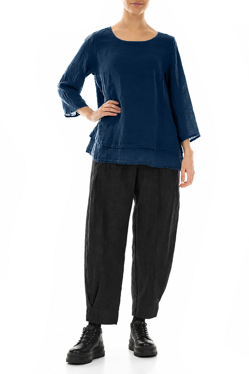 Layered Navy Gauze Linen Blouse 4