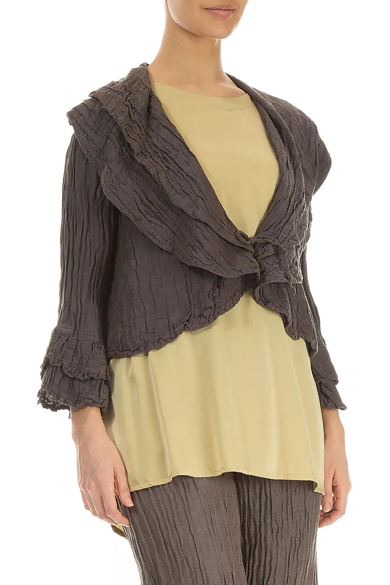 Layered Notched Collar Crinkled Dark Brown Silk Jacket 3