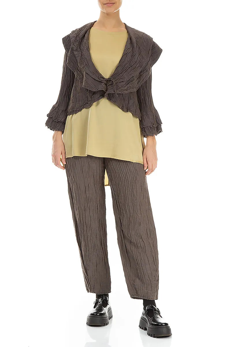 Layered Notched Collar Crinkled Dark Brown Silk Jacket 4