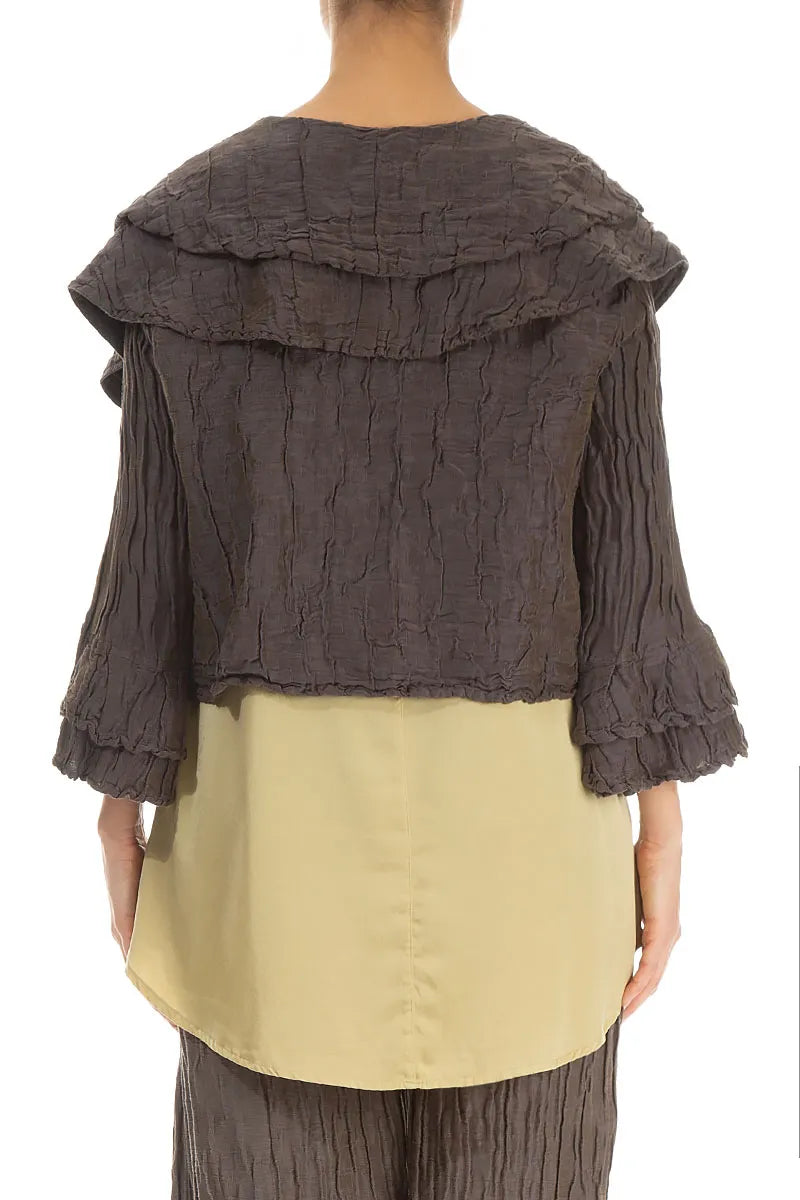 Layered Notched Collar Crinkled Dark Brown Silk Jacket 2