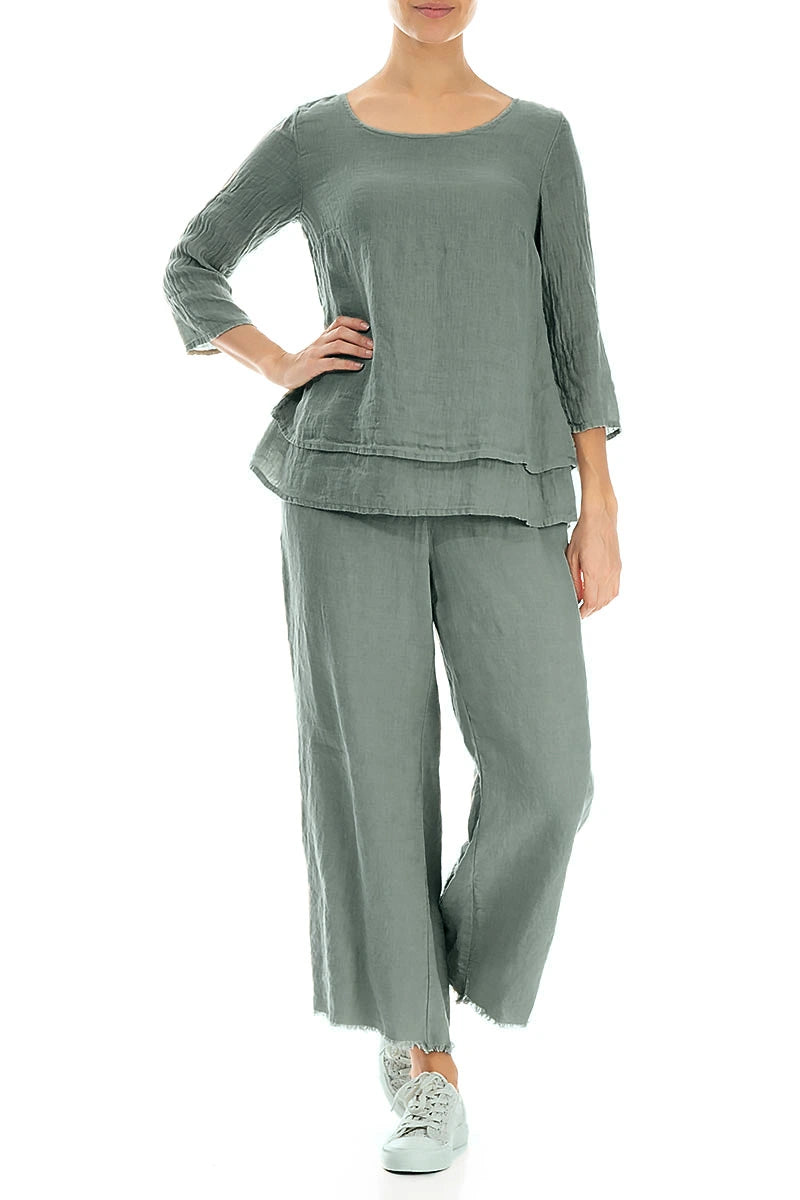Layered Sage Gauze Linen Blouse 4